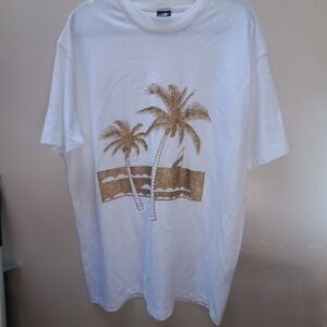 Diamond Dust Gold Glitter Palm Tree Sailboat T-Shirt White XL USA Made